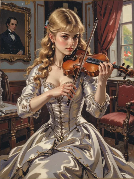 masterful impressionism oil painting titled "the violinist", the composition follows the rule of thirds, placing the violinist centrally in the frame. the subject is a young woman with fair skin and light blonde hair is styled in a long, flowing hairstyle with natural waves. she is dressed in an opulent, luxurious silver silk gown with a high waist and intricate gold detailing along the bodice. the gown's texture is smooth and reflective. she holds a violin under her chin, her right hand poised to play, and her left hand supporting the neck of the instrument. she wears a delicate gold necklace with small, sparkling gemstones that catch the light. her beautiful eyes focused on the viewer. the background features an elegantly furnished room with classical late 19th century decor. to the left, there is a large, ornate portrait of a man in a dark suit, set in a gilded frame. below this, a wooden desk with a closed book. to the right, a red upholstered chair with a wooden frame is partially visible. the room is bathed in natural light streaming through a window with red curtains, creating a warm, inviting atmosphere. the lighting highlights the violinist, casting soft shadows that enhance the depth and realism of the scene, highly aesthetic, harmonious colors, impressioniststrokes,
<lora:style-impressionist_strokes-flux-by_daalis:1.0>
<lora:image_upgrade-flux-by_zeronwo7829:1.0>