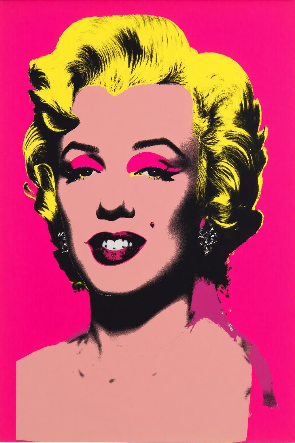 andywarhol1 illustration.
A portrait of Marilyn Monroe with bright yellow hair styled in soft, wavy curls, set against a predominantly pink background. <lora:andywarhol1_cap_d6a3:1.0><lora:836294883741283672:0>