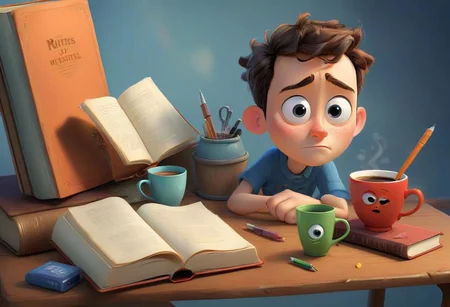 Create an illustration about the lives of everyday household items, where a book, a pen, and a cup embark on their own adventures, coming to life in a Pixar-esque cartoon style.