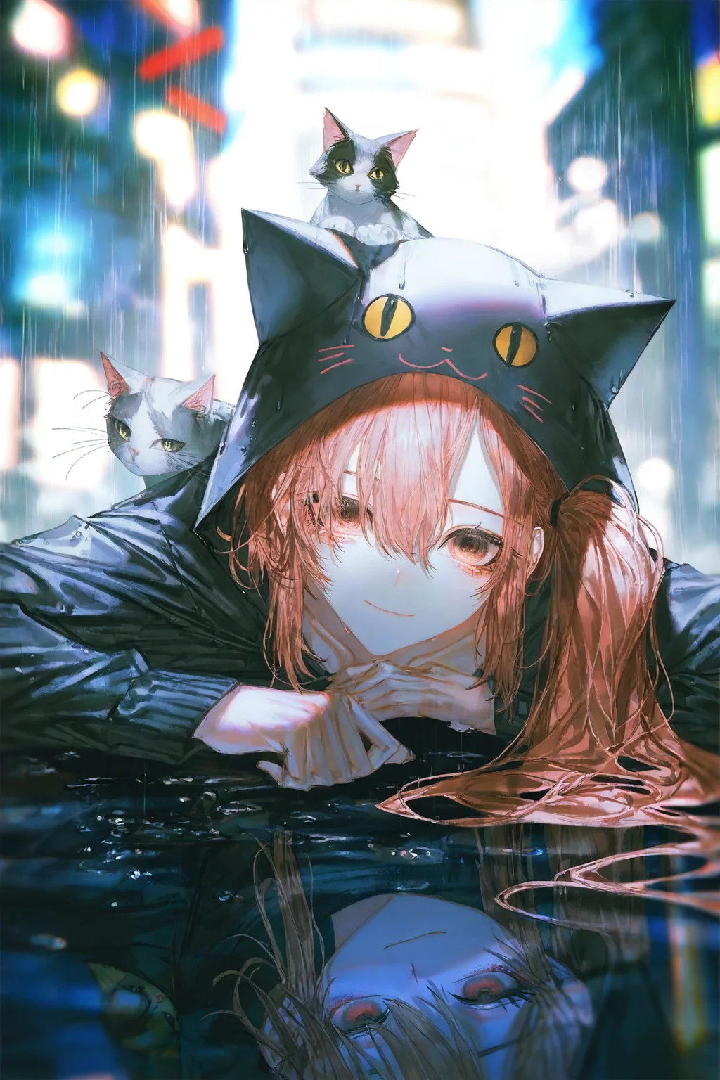 masterpiece,best quality,artist:hito komoru,(artist:quasarcake:1.1),(artist:reoen),artist:machi,
misaki \(doa\), 1girl, solo, leaning_forward,full_body, hands_in_pockets, smile, rainy, blurry citylights, pedestrian crossing, cat,lying cat,((cat_hood):1.2), melancholy face, water drop,wind,straight-on,looking at viewer,(depth of field:1.2),(foreshortening)
<lora:doa_misaki_noobxl_vpred65s_v10-000010:0.9>
