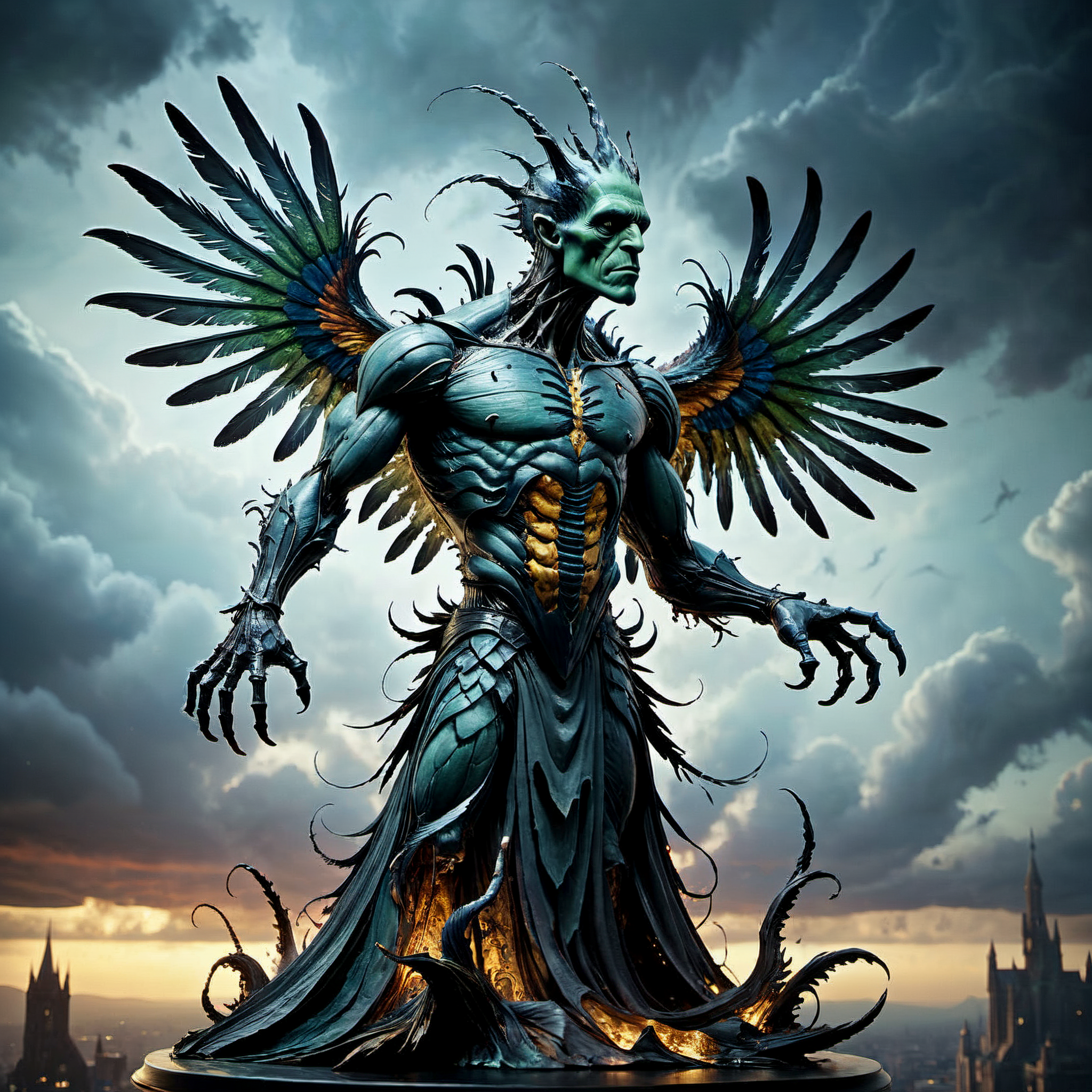 In the laboratory of Victor Frankenstein, a creature of unnatural life unfolded its wings and took its inaugural flight. The monstrous bird, a grotesque amalgamation of stitched-together feathers and sinew, rose into the night sky with an eerie grace. Its wings, a chaotic patchwork of disparate avian elements, flapped with an uncanny synchrony, casting elongated shadows in the glow of the laboratory's flickering lights. The creature's flight, more a macabre dance than a harmonious soar, carried an air of both defiance and desperation. Against the backdrop of a stormy sky, the creature's silhouette painted a haunting picture as it navigated the air with a spectral elegance, embodying the eerie fusion of life and death that characterized Frankenstein's unholy creation.

absurdres,intricately detailed,32K,, glow effects, godrays, Hand drawn, render, 8k, octane render, cinema 4d, blender, dark, atmospheric 4k ultra detailed, cinematic, Sharp focus, big depth of field, Masterpiece, colors, 3d octane render, 4k, concept art, trending on artstation, hyperrealistic, Vivid colors, extremely detailed CG unity 8k wallpaper, trending on CGSociety, Intricate, High Detail, dramatic . Blurred motion, streaks of light, surreal, dreamy, ghosting effect, highly detailed,

<lora:RMSDXL_Enhance:1>,
<lora:add-detail-xl:0.8>,
<lora:RMSDXL_Darkness_Cinema:1>