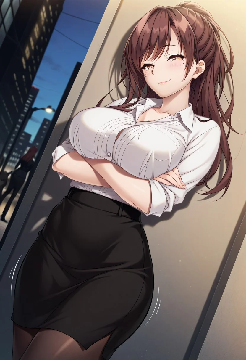 masterpiece, best quality, newest, highres, uncensored, 1girl, yokota mamoru style,1girl, slender face，motion lines,torogao,looking at the viewer,seductive smile,blush
Tachibana Iori,Brown Hair, Ponytail, Sidehair, Straight Hair, Waist Length Hair,Long Hair,Amber Eyes,Big Breasts, Mole, Slim
skirt, shirt, white shirt, pantyhose, formal, office lady, city street, evening, streetlights, walking dog, quiet neighborhood, gentle breeze, smile, , crossed arms, smug, solo,, dutch angle, cowboy