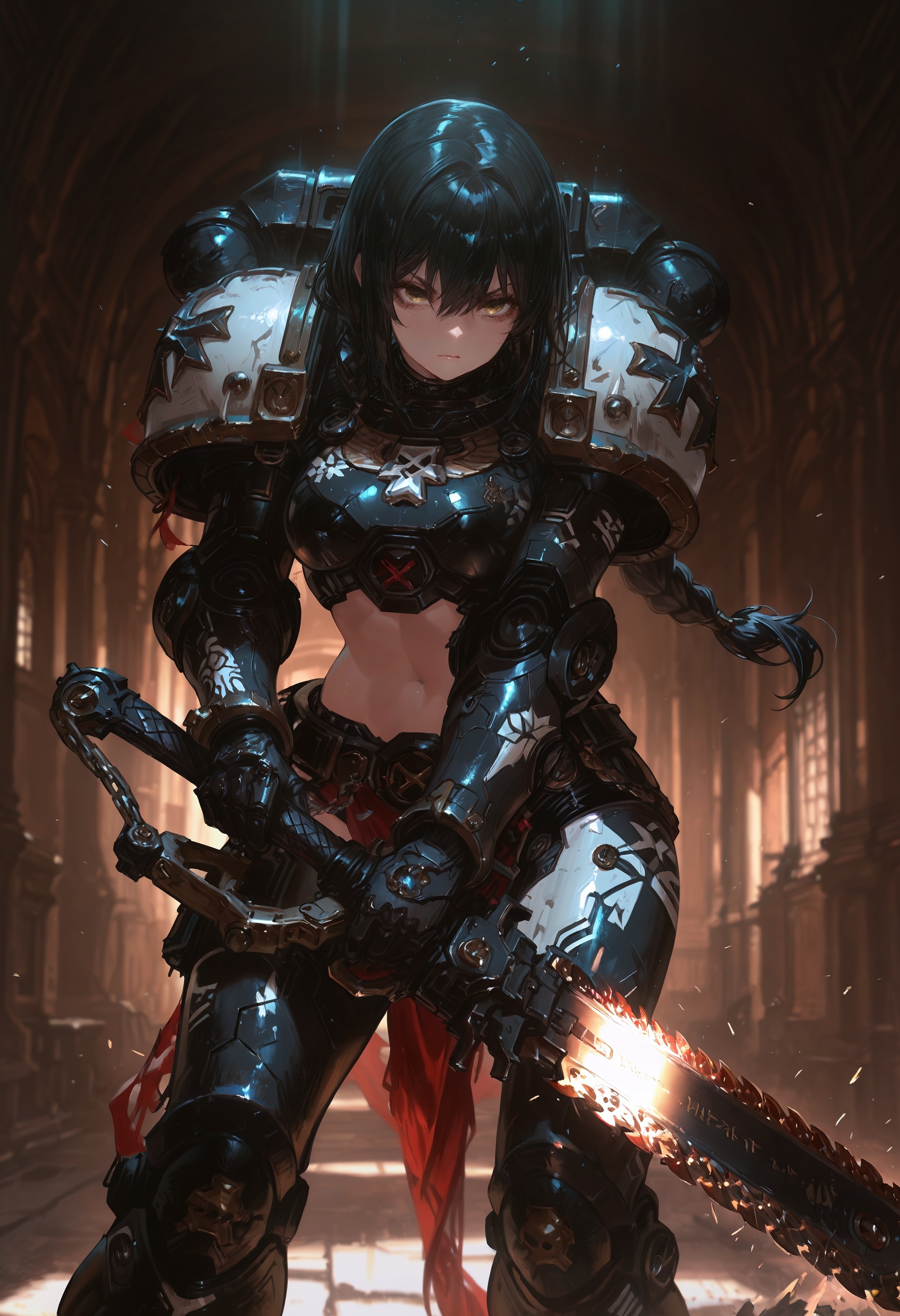 masterpiece, best quality, good quality, newest, highres, absurdres, volumetric lighting,gradient color,
BREAK
raytracing, volumetric lighting, ambient occlusion, girl, background, masterpiece, best quality, very awa, absurdres,
BREAK
BlackT40k, solo, 1girl, black hair, braided hair, power armor, chains, midriff, model style,
BREAK
masterpiece,amazing quality,best quality,ultra-detailed,8K,illustration,CG,shiny hair,clear skin,ultra-detailed-eyes, background,cute girl,
BREAK,
holding a chainsword, dynamic pose,
<lora:DetailedEyes_V3:1> <lora:USNR STYLE_XL_loha:0.45> <lora:GBF_Illustrious:0.4> <lora:NOOB_vp1_detailer_by_volnovik_v1:0.3> <lora:MGE_V5.2_IL:0.6> <lora:ponyv6_noobE11_2_adamW:0.5> <lora:noobai_vpred_1_masterpieces_v1:1> <lora:748cmXLillokrV5311P:0.6> <lora:iLLBlackT40k:1>