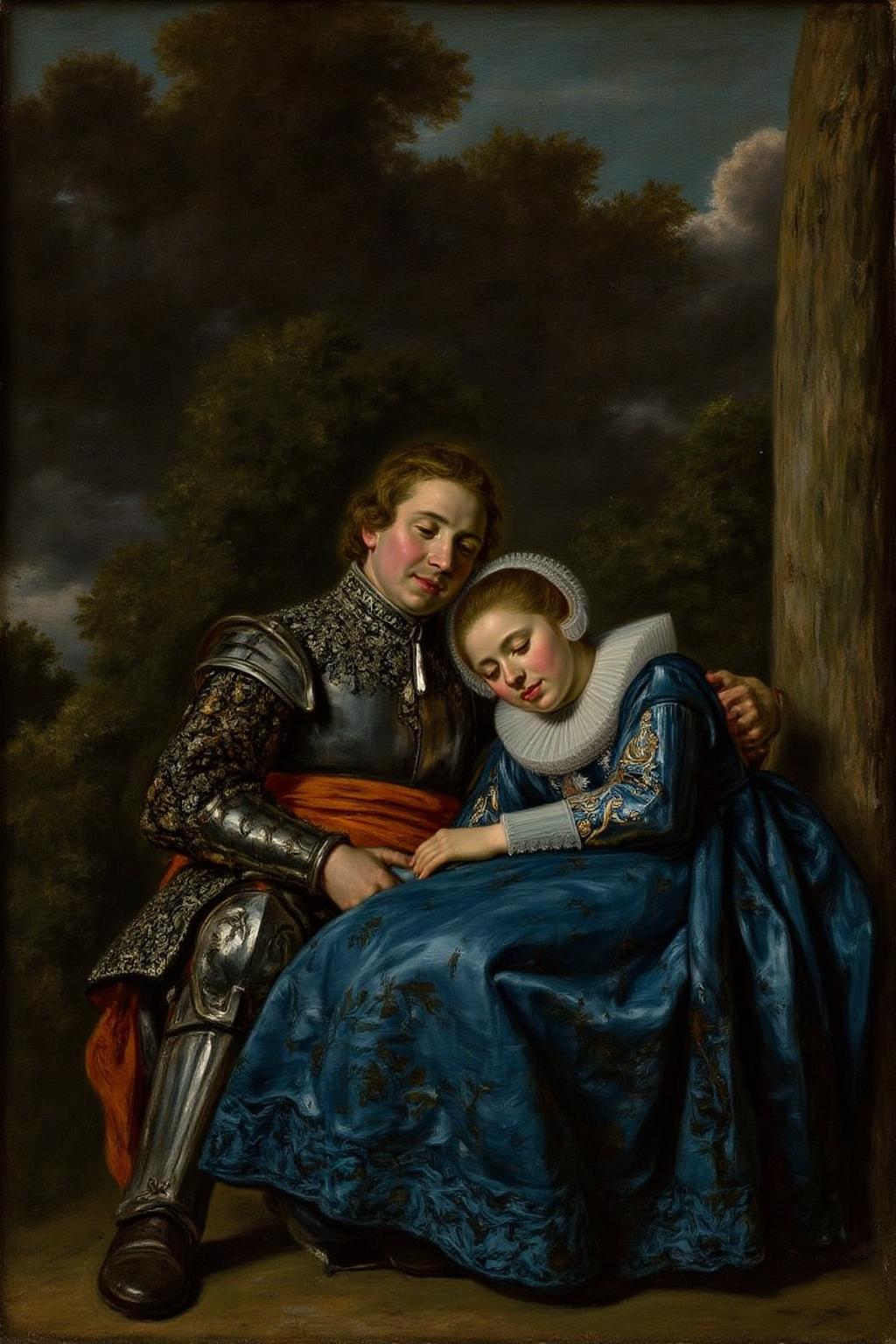 fraha1 painting of a blonde knight and a lady sitting under a tree. The lady wearing a blue dress. The knight is sleeping with his head on the leg of the lady  <lora:fraha2_nocap_d6a3:1.0><lora:806972055384927227:0>