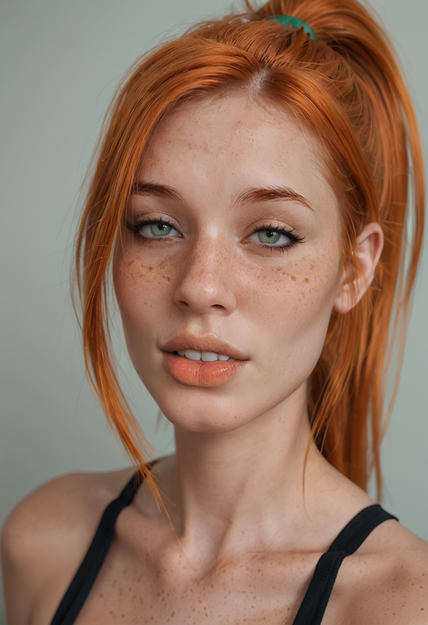 <lora:Sage-PXL:1>, sage-pxl, orange hair, sage,  freckles, 1girl, solo, ponytail, bridge, torogao, head_tilt <lora:eyedetailpxl:1> eyedetailpxl <lora:hairdetailpxl:1> hairdetailpxl <lora:skindetailpxl:1> skindetailpxl