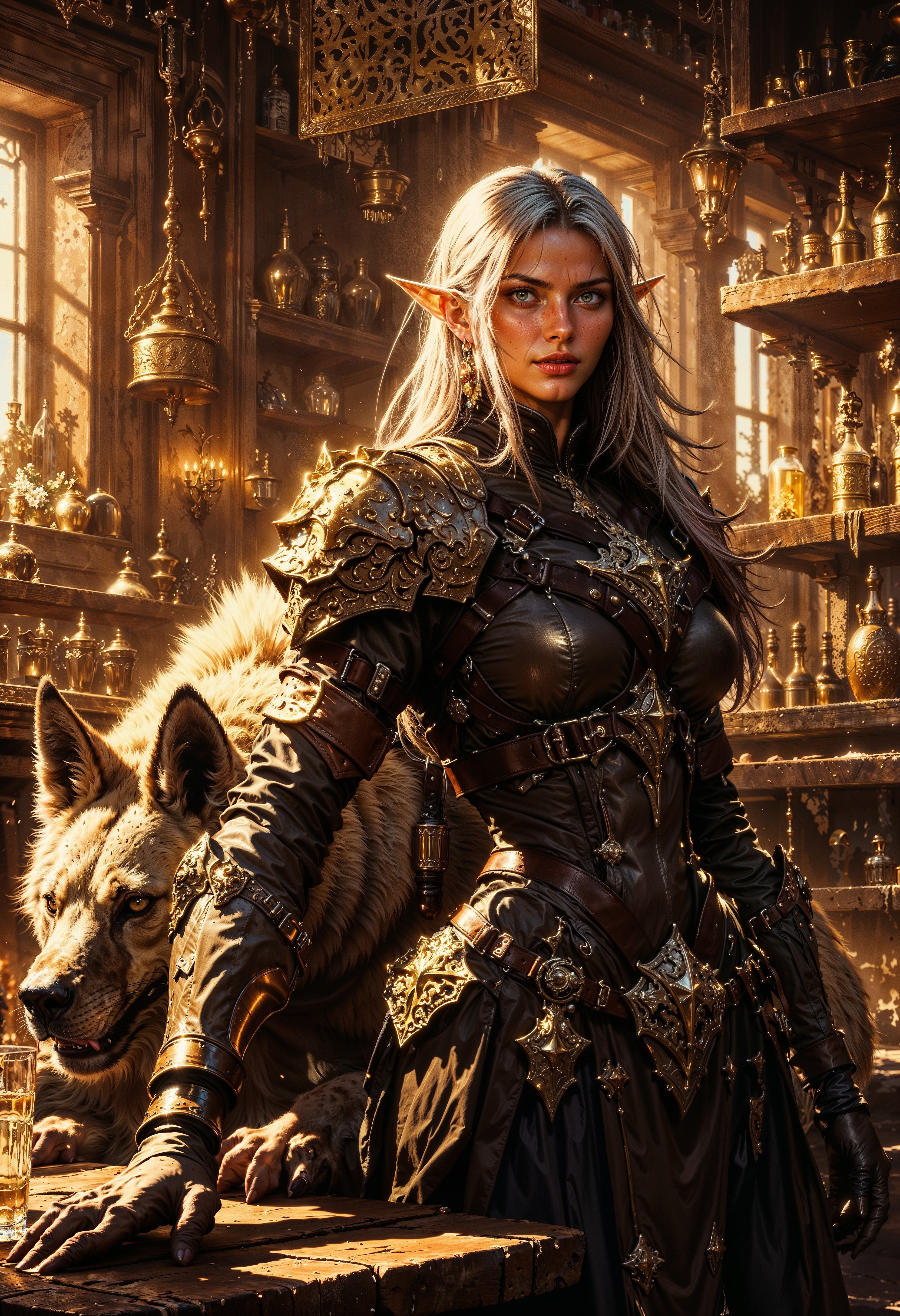 a female character and a large hyena in a rustic, warmly lit interior. The woman has long, flowing silver hair, pointed elf-like ears, and fair skin. She is dressed in a detailed, leather-like mad max outfit with metallic accents, including a corset and gloves, exuding a warrior or adventurer aesthetic. Her expression is confident and poised. The hyena beside her is large, with a thick, light-colored coat and a harness, appearing protective and alert. The background is filled with wooden shelves and tables, adorned with various bottles, jars, and hanging utensils, creating a cozy, medieval tavern atmosphere. The lighting is soft and golden, casting warm highlights and shadows throughout the scene, enhancing the mystical and adventurous mood of the composition. <lora:FluxMythG0thicL1nes:0.6> <lora:RetroAnimeFluxV1:0.6> <lora:FredFraiStyle-FLUX-Share:0.6>  <lora:dark_fantasy_flux:0.6>