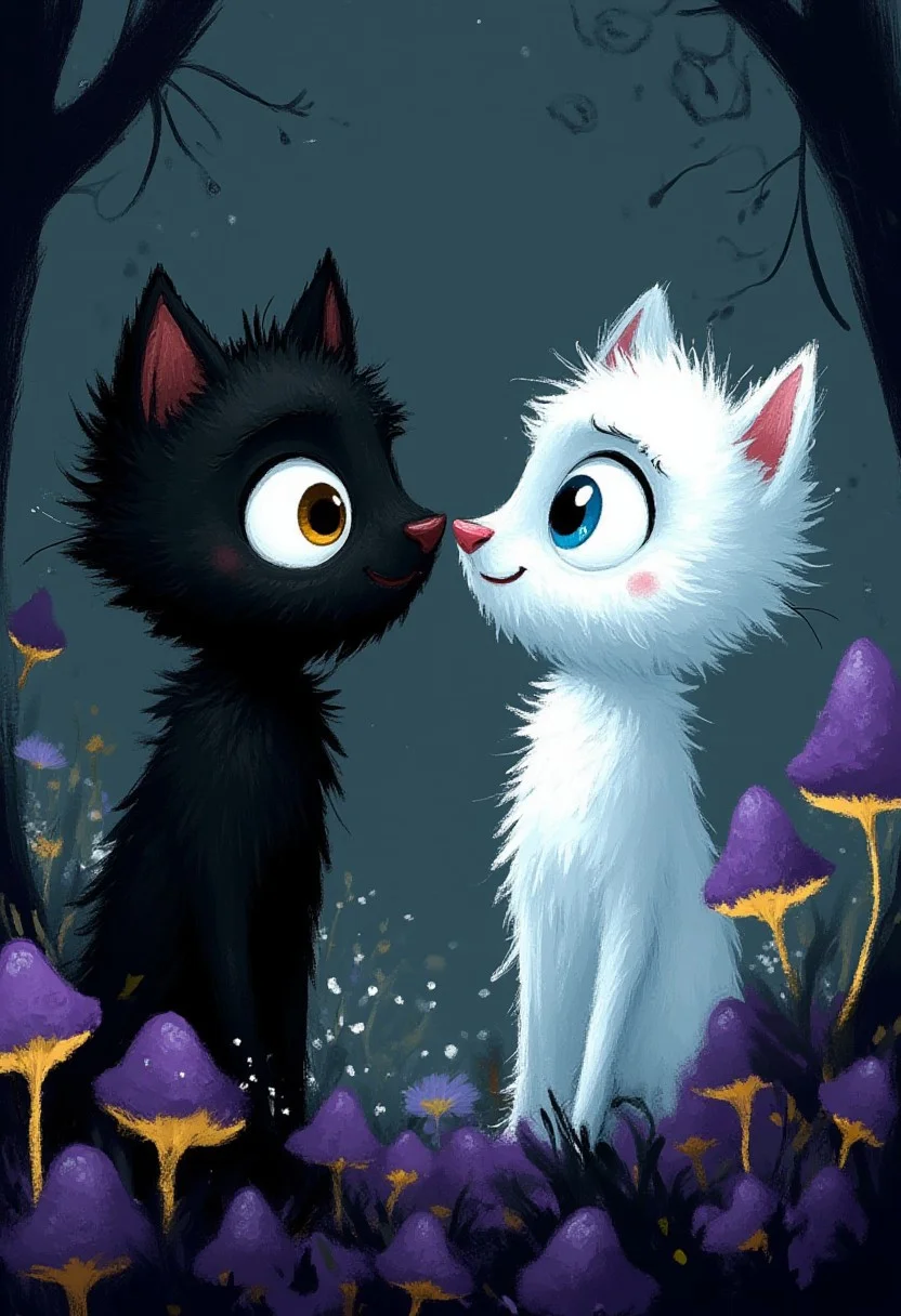 A whimsical illustration of a black cat and white cat with extremely elongated bodies in dark whimsical art style, facing each other nose-to-nose, standing among purple and yellow glowing mushrooms, digital painting with expressive brushstrokes showing textured fur, dark forest background, characteristic Tim Burton inspired design with huge contrasting eyes - amber for black cat and blue for white cat