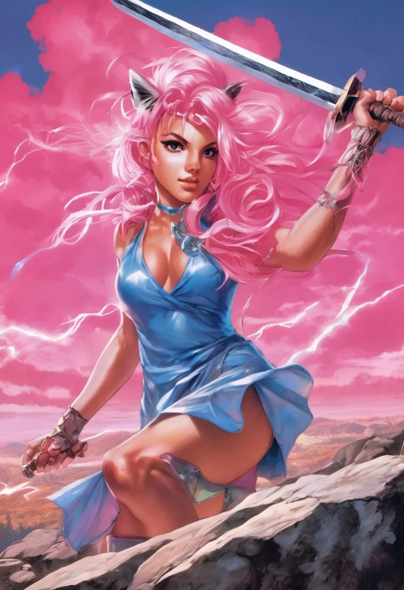 Duo, 1girl, Pink_PonyXL, ((sleeveless dress, white tiger print dress)), pelvic curtain, cleavage, ((white tiger tail)), red sash, ((white cat ears)), medium breasts, ((pink hair, long hair)), sweet smile, wide eyes, single fang showing, Break 1boy, ((link, blonde hair,blue eyes,pointy ears, low ponytail, sidelocks, wearing blue hyilian tunic)), Break, pink standing in fighting pose on a rocky hill, holding a broadsword to the sky, link posing as he looks at pink, storm clouds on the horizon, lightning strike, (((text, bold poster text reading "The Adventure of Pink", text above her))), box_art_frenzy, 1980s Nintendo box cover art, video game,