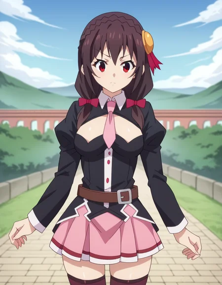 score_9, score_8_up, score_7_up, source_anime,
yunyun, <lora:konosuba-yunyun-s1s2-ponyxl-lora-nochekaiser:1>
yunyun, black hair, hair ornament, red eyes, bow, braid, crown braid,
skirt, thighhighs, long sleeves, necktie, belt, clothing cutout, cleavage cutout, pink skirt, pink necktie,
outdoors, cityscape,
looking at viewer, dutch angle, cowboy shot,