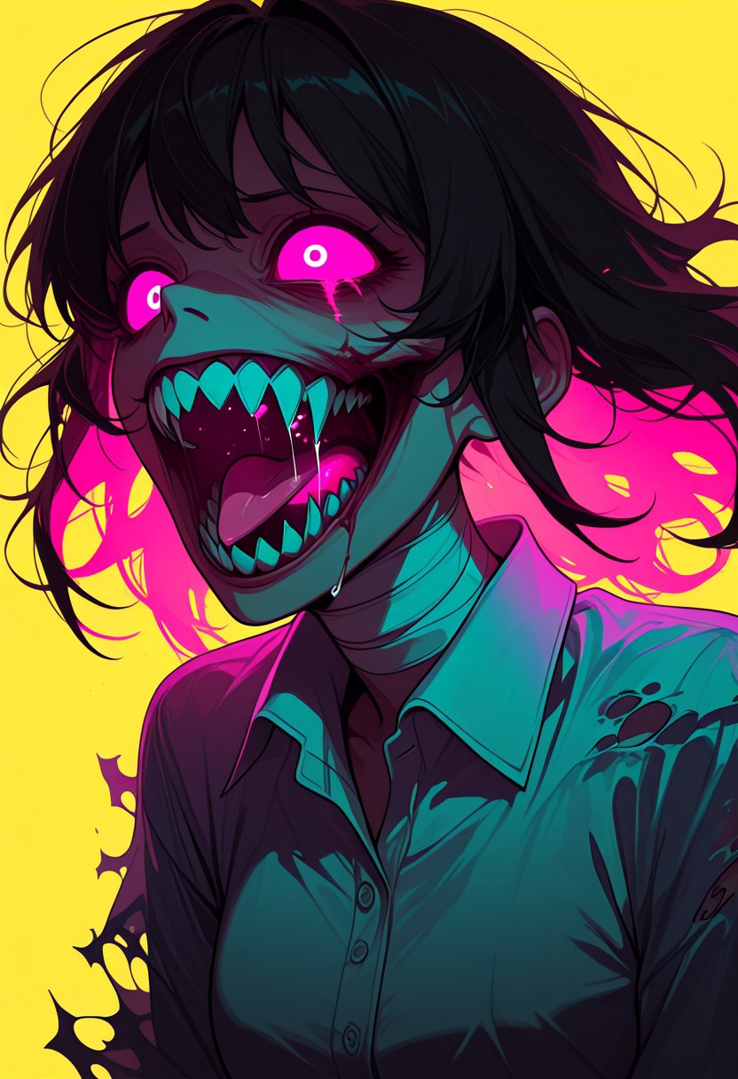 masterpiece, best quality, very aesthetic, absurdres, D1DVAP0, glitch, neon, dissociated, dissociative identity disorder,1girl, solo, yellow background, teeth, simple background, open mouth, shirt, pink eyes, collared shirt, bandages, glowing, sharp teeth, upper body, medium hair, tongue, glowing eyes, torn clothes, saliva, colored sclera, horror (theme), , zombie monster, glowing,