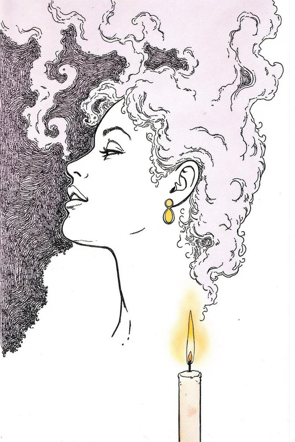 itacomic1 illustration. Wisps of smoke rising from a candle in the form of a woman's profile  <lora:itacomic_mima6_noc_d4a2e11:1.0><lora:802044400751523732:0>