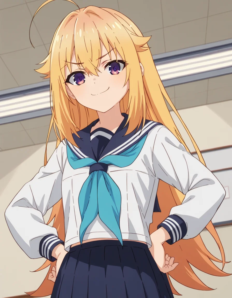 score_9, score_8_up, score_7_up, source_anime, <lora:torako-koshi-s1-ponyxl-lora-nochekaiser:1>, torako koshi, long hair, bangs, blonde hair, hair between eyes, very long hair, purple eyes, ahoge, sidelocks, hair flaps, skirt, shirt, long sleeves, school uniform, white shirt, pleated skirt, serafuku, sailor collar, blue skirt, neckerchief, blue sailor collar, blue neckerchief,, indoors, smug, smile, looking at viewer, solo, hands on hips,, cowboy shot, dutch angle