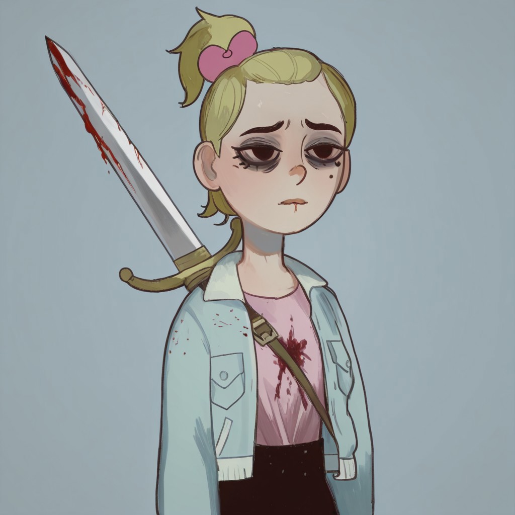 Sasha, 1girl, alone, short stature, blonde hair tied in a ponytail with a dark pink bow, mole on left cheek, light blue jacket, light pink shirt, 
Mossastyle
Sasha with a sad, dull look and dark circles under her eyes. Sasha cries as she He holds a sword filled with blood., blood on her clothes.. Half body