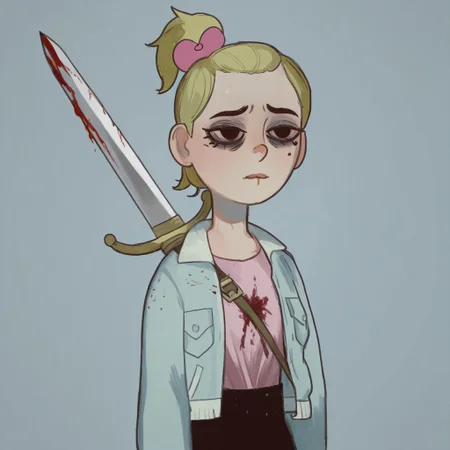 Sasha, 1girl, alone, short stature, blonde hair tied in a ponytail with a dark pink bow, mole on left cheek, light blue jacket, light pink shirt,
Mossastyle
Sasha with a sad, dull look and dark circles under her eyes. Sasha cries as she He holds a sword filled with blood., blood on her clothes.. Half body