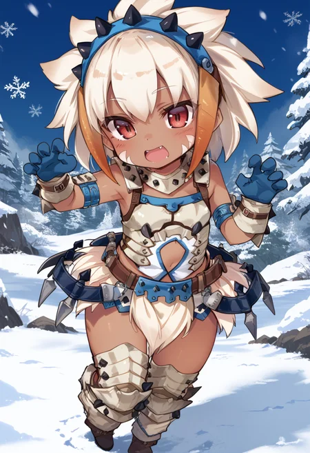(score_9:0.9),score_8_up,score_7_up,rating_safe,anime style,(zPDXL),<lora:Barioth S Armor ponyXL v2.1:0.8>,1girl,solo,red eyes,open mouth,white elbow gloves,barioth armor,white helmet,chibi,white thigh boots,white loincloth,snow,claw pose, dark-skinned female,