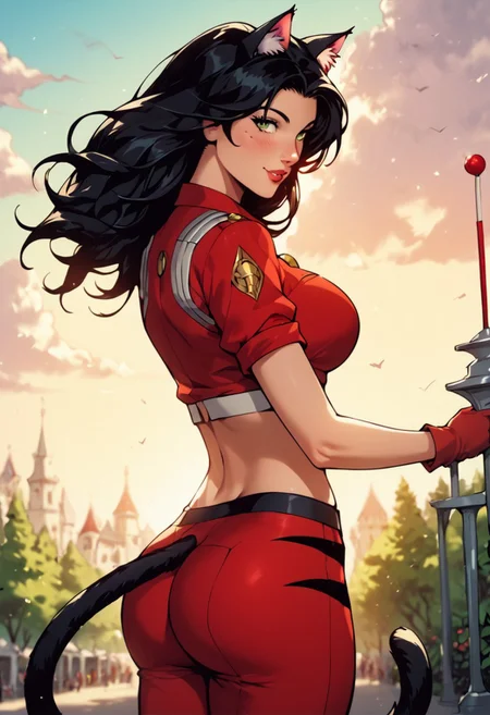 score_9, score_8_up, score_7_up, woman catgirl, cat ears, black cat ears, fuzzy cat tail, black tail, black long tail, 8k, masterpiece, high quality, highly detailed, professional, shallow depth of field, long hair, green and brown eyes (perfect eyes), perfect face, black hair, wide midriff, wearing red pilot bodysuit with black stripes, pilot suit, red pilot suit (black stripes), cowboy shot, dutch angle, best quality, best illumination, best shadow, an extremely delicate and beautiful, finely detail, depth of field, classic, highres, perfect lighting, colorful, large breasts, natural breasts (large), big ass, 23 years old woman, big booty, big ass, german, natural beauty, alluring, clean skin, white skin PG, outdoors, nature park, ninas twin sister, sharp, standing, dynamic front poses, in loving, loving, romantic, cheery, cheerful, modest, tail on but