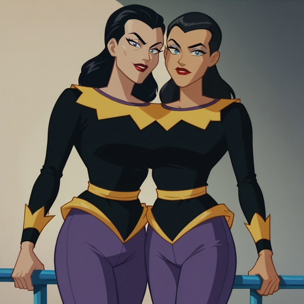 score_9, score_8_up, score_7_up, 2girls, lipstick, black hair, blue eyes, black shirt, purple pants, May and June (DCAU), looking at viewer, cartoon_screencap, circus