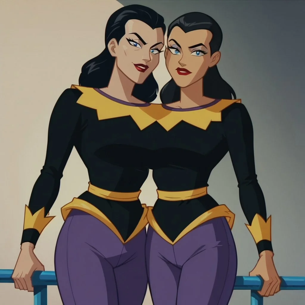 score_9, score_8_up, score_7_up, 2girls, lipstick, black hair, blue eyes, black shirt, purple pants, May and June (DCAU), looking at viewer, cartoon_screencap, circus