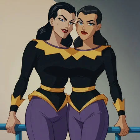 score_9, score_8_up, score_7_up, 2girls, lipstick, black hair, blue eyes, black shirt, purple pants, May and June (DCAU), looking at viewer, cartoon_screencap, circus