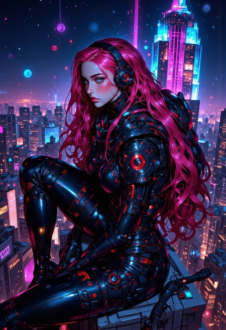 The image features a bright neon-haired, anime-inspired female woman dressed in futuristic, high-tech bright neon armor. Her armor is predominantly bright neon with metallic details, including shin guards, knee pads, and a chest plate, giving her a bold, commanding appearance. She is holding a large, rifle with intricate details and bright neon accents, suggesting a combat-ready posture. She sits on top of a building, with the New York city skyline visible in the background, showcasing iconic skyscrapers such as the Empire State Building.
The image has a dynamic composition, with the subject framed slightly to the side, her gaze directed towards the viewer. The vibrant bright neon hues contrast with the backdrop of the dark dystopian city at night, creating a striking visual effect. The character’s long, flowing bright neon hair further enhances the scene's fantastical and energetic feel.
The overall theme blends futuristic technology with playful, almost whimsical elements, suggesting a powerful yet light-hearted aesthetic. The setting on top of a skyscraper with a wide cityscape implies both a sense of power and detachment from the world below.