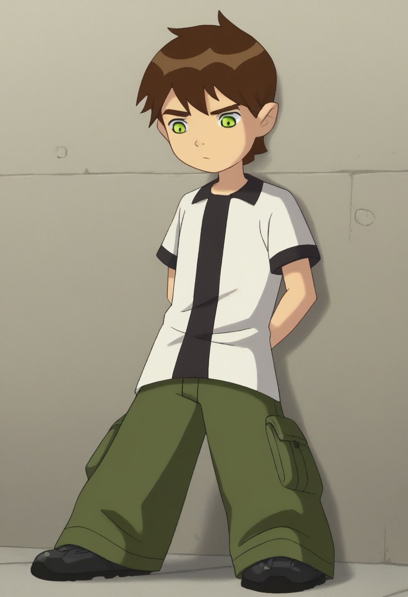 score_8, score_8_up, score_7_up, source_anime, mabyss BREAK 1boy, male focus, solo, full body, wall, floor, 1boy, bentennyson, brown hair, green eyes, shirt, green cargo pants
