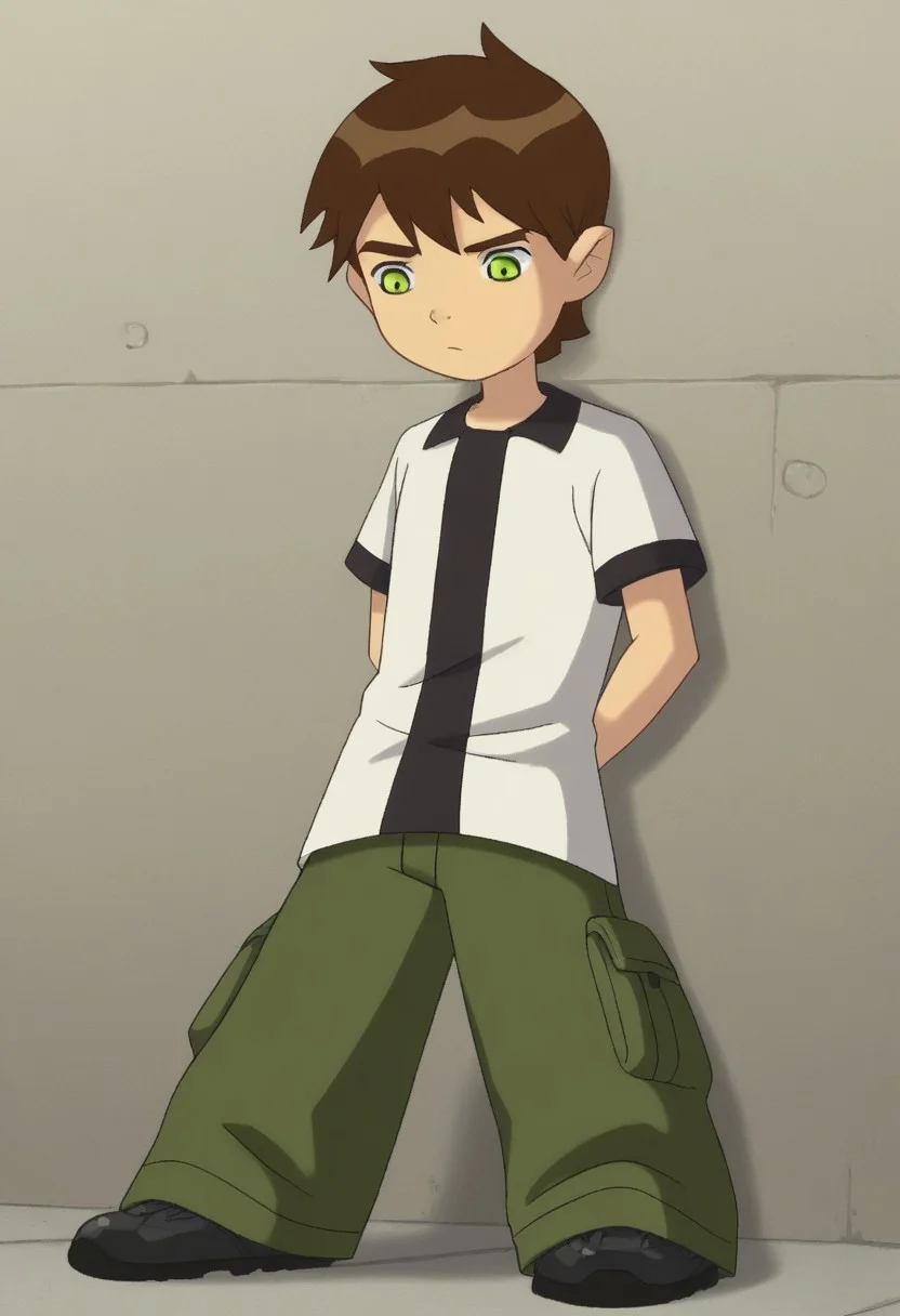 score_8, score_8_up, score_7_up, source_anime, mabyss BREAK 1boy, male focus, solo, full body, wall, floor, 1boy, bentennyson, brown hair, green eyes, shirt, green cargo pants