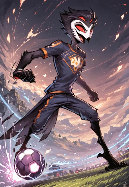 masterpiece, score_9_up, score_8_up, score_7_up, score_6_up, (best quality:1.1), ultra-detailed, high resolution, solo, highly detailed macro illustration, StolasGoetia, helluva boss, male, owl demon, beak, long eyelashes, flirtatious facial expression, slim body, red sclera, long eyelashes, soccer uniform, soccer BREAK dynamic shot, action pose, soccer game, kicking ball, ball on foot, flipping off viewer, Outdoors, BREAK Highly Visible, sharp focus, perfect lighting, anatomically correct, extremely detailed, high detail, Expressiveh, detailed background, zPDXL3
