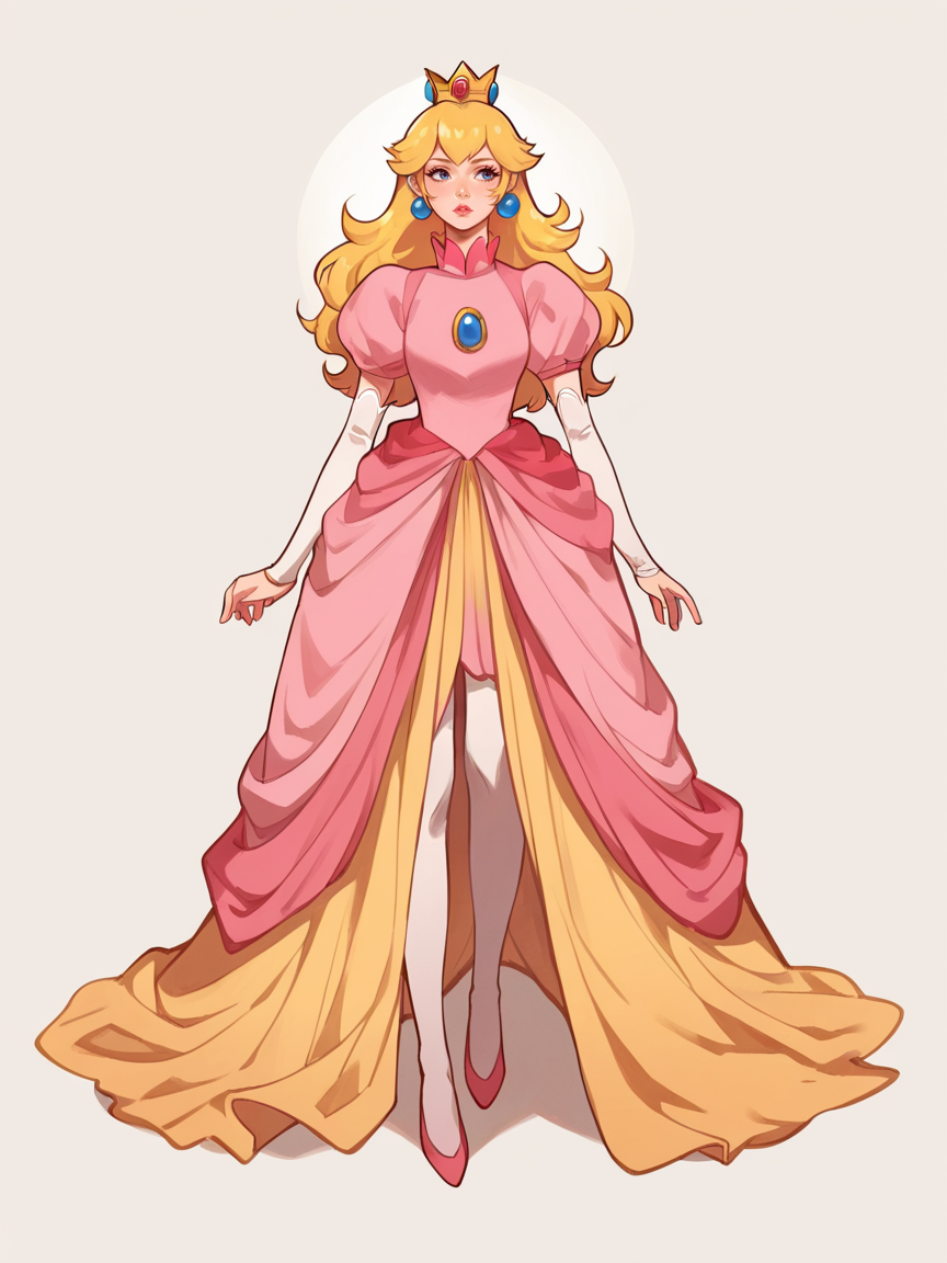 source_anime, score_9, score_8_up, score_7_up, score_6_up, score_5_up,  <lora:h4nn4hXLP:1> h4nn4h, 1girl, solo, long hair, princess peach, full body, blonde hair,