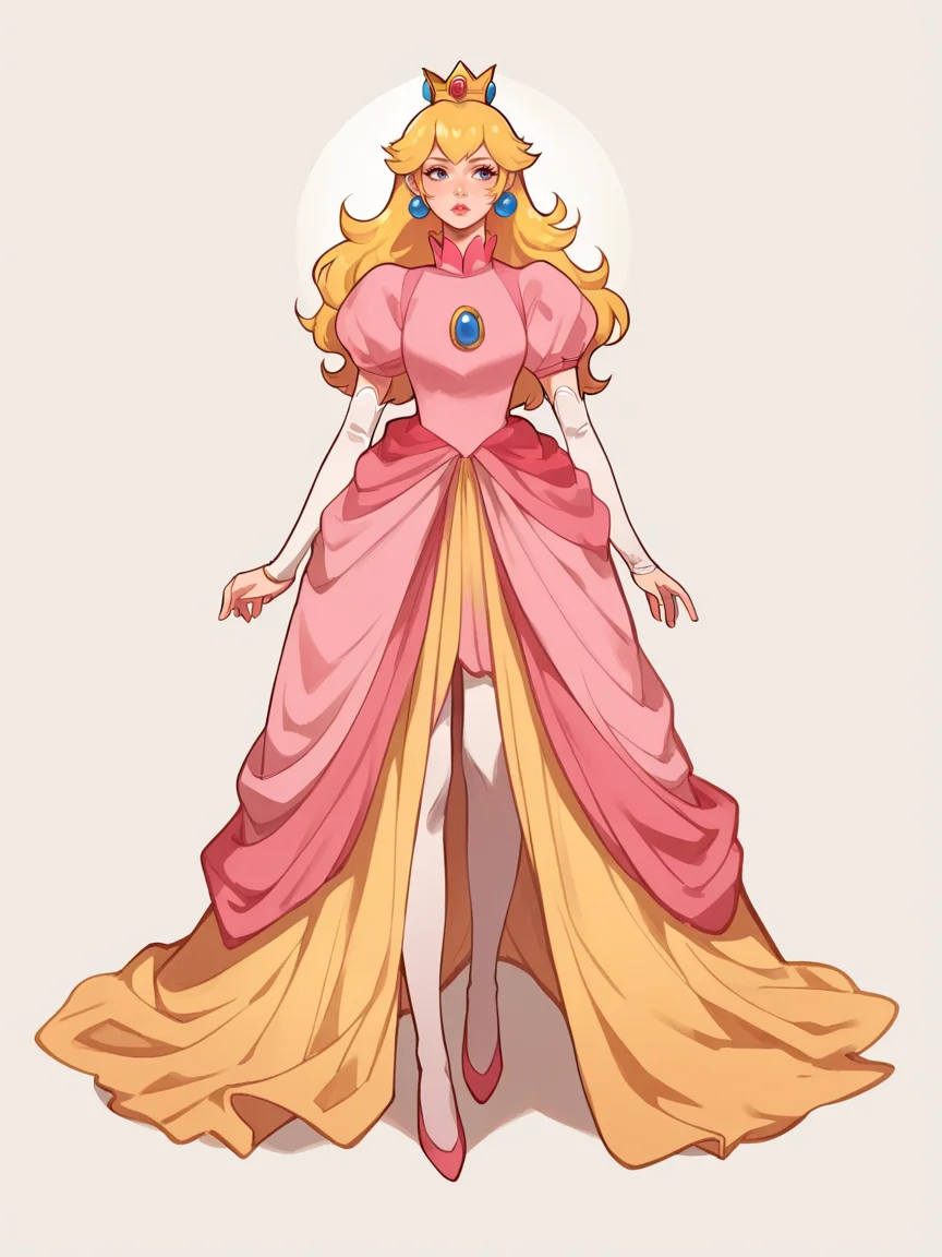 source_anime, score_9, score_8_up, score_7_up, score_6_up, score_5_up, <lora:h4nn4hXLP:1> h4nn4h, 1girl, solo, long hair, princess peach, full body, blonde hair,