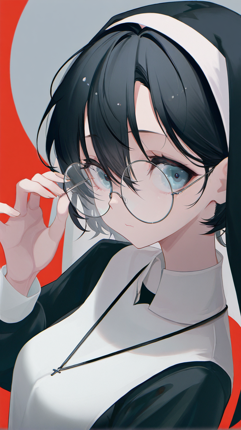 1girl, solo, looking_at_viewer, short_hair, bangs, blue_eyes, black_hair, long_sleeves, hair_between_eyes, closed_mouth, upper_body, glasses, hand_up, grey_eyes, red_background, round_eyewear, adjusting_eyewear, nun