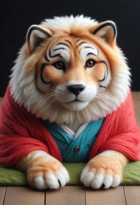 a cute detailed yarn lion, yrnwrld, ng_deepnegative_v1_75t, Inari shr1n3