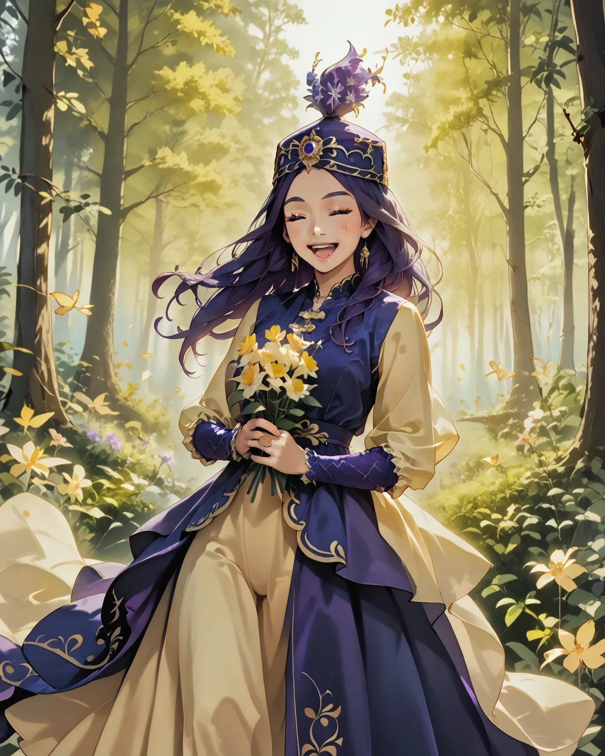 score_9, score_8_up, score_7_up, 1girl, wearing kazfa, waist-up, purple hair, long hair, extremely detailed clothing, jacquard fabric, gold accents, holding a bouquet, happy, serene, (dancing:1.1), enchanted forest, light blush, masterpiece, highest quality, absurdres, (extremely detailed,best quality:1.1), detailed face, detailed hair, <lora:KazakhFashionXL:1.2>, <lora:Anime Summer Days 2 Style SDXL_LoRA_Pony Diffusion V6 XL:1>