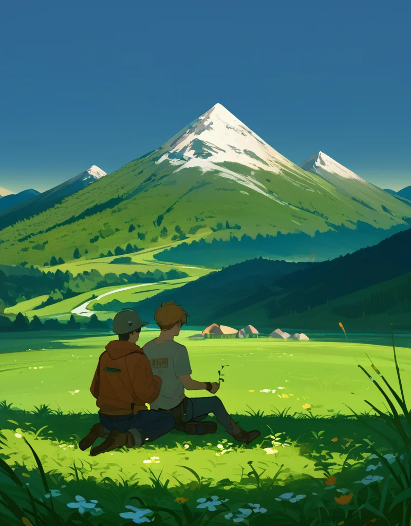 zPDXL2, <lora:KukkaV1:1>, kukk4, 1boy, sitting on a grassy field, mountains in the background, night