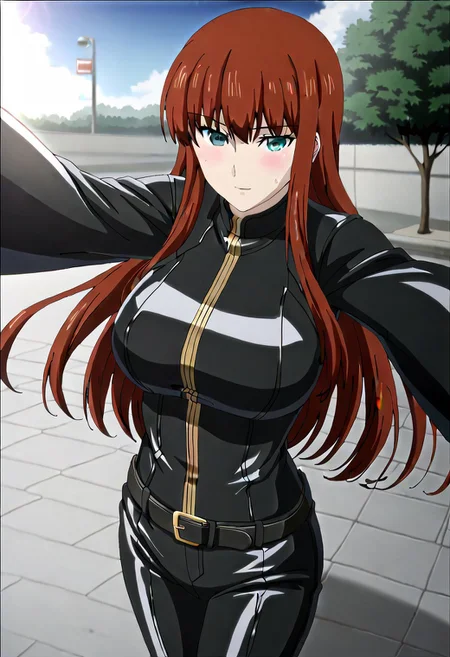 Ultra-high-detailed Anime illustration of Kagari Shiina. The artwork features Kagari in a solo, standing position with a outdoors, street background. 
She is depicted with intricate details showcasing her big breasts, natural breasts. She is a white skinned, 22 years old woman. Kagari is looking at viewer with perfect eyes, Her pupils are highly detailed. The eyes are open. grey eyes. Kagari's eyes are highlighted. Highlighted eyevrows. 
She has long hair, red colored hair, styled in floating hair with bangs.
She is wearing a motorcycle suit, black motorcycle suit, full body motorcycle suit with black gloves, black belt and black shoes. 
The artistic style is intricate_details_xl with a focus on Anime artstyle. The color palette emphasizes red and black with detailed strokes to bring out the character's features. The lighting creates dramatic shadows and highlights, adding depth to the artwork. The perspective is from a dutch angle to enhance the impact of the character's expression. This masterpiece is a true portrayal of Kagari's complex personality and will captivate any fan of Kagari. Kagari Shiina, close up