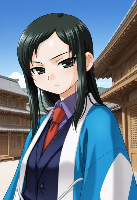 ((safe)), 1girl, hijikatatoshie, black hair, long hair, parted bangs, black eyes, japanese clothes, haori, serious, outdoors, town, japan, looking at viewer, shiny skin, best quality, amazing quality, very aesthetic, absurdres,  <lora:hijikata_toshie:1>