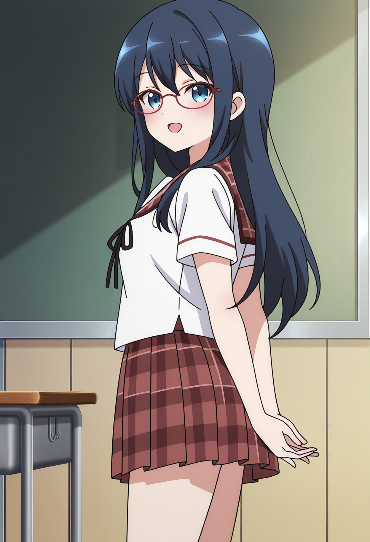 highres, best quality, masterpiece, classroom,
anime screencap,
1girl, solo, gochirep, dark blue hair, long hair, blue eyes, glasses, red eyewear,
school uniform, sailor collar, black ribbon, short sleeves, white shirt, plaid skirt, red skirt, brown skirt, thighs, untucked shirt,
looking at viewer, blush, smile, open mouth,
standing, arms behind back, from side,
<lora:_class_rep_gochiusa-elesico-ilxlB:1>