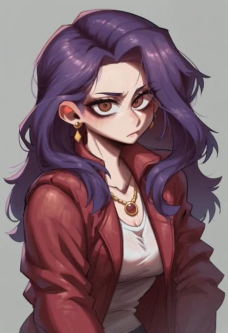 score_9, score_8_up, score_7_up, score_6_up, score_5_up, score_4_up, BREAK
1girl, jewelry, solo, jacket, purple hair, brown eyes, necklace, long hair, earrings, red jacket, grey background, upper body, closed mouth, simple background, stud earrings, open jacket, open clothes
 <lora:lord_moku:1>