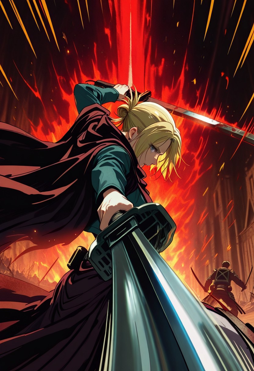 n0va, masterpiece, best quality, 32k, high resolution, absurdres, western comics (style), 1girl, Annie Leonhart (アニ・レオンハート) - Attack on Titan (Shingeki no Kyojin) (進撃の巨人), dynamic pose, spanning pose,aura, foreshortening, blood, fighting stance, battle, motion lines, motion blur, sword, holding two swords, steel sword,, reaching towards viewer, from side, <lora:JK:1.0>, <lora:NovaIllustrious:1>