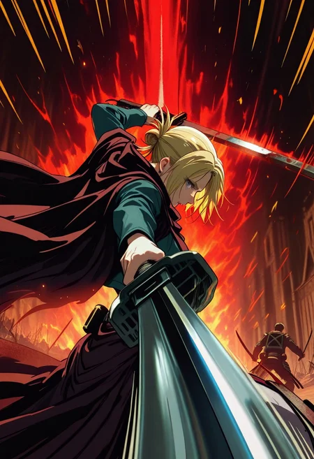 n0va, masterpiece, best quality, 32k, high resolution, absurdres, western comics (style), 1girl, Annie Leonhart (アニ・レオンハート) - Attack on Titan (Shingeki no Kyojin) (進撃の巨人), dynamic pose, spanning pose,aura, foreshortening, blood, fighting stance, battle, motion lines, motion blur, sword, holding two swords, steel sword,, reaching towards viewer, from side, <lora:JK:1.0>, <lora:NovaIllustrious:1>