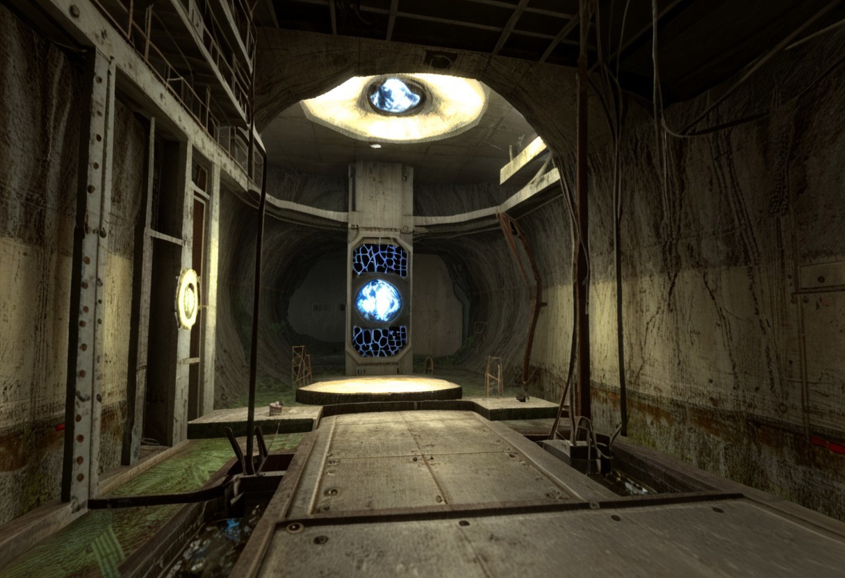 Old aperture, portal 2, 1980's, cavernous, blue light, underground drydock, cranes, dramatic lighting, abandoned science facility, desolate, shipping cranes, Polaroid, massive cave, 1987, towering structures, abandoned, aperture science, catwalks, partially flooded, ((( Gmod)))