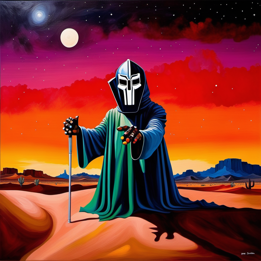 painting of MF DOOM, night time, Desert George Condo Style, horror(theme),  <lora:MBTDF xl-000002:0.9>