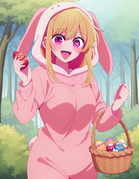 masterpiece, best quality, amazing quality,, <lora:ruby-hoshino-s1s2-illustriousxl-lora-nochekaiser:1>, ruby hoshino, hoshino ruby, long hair, bangs, blonde hair, pink eyes, sidelocks, symbol-shaped pupils, multicolored hair, two-tone hair, mature female, medium breasts, anime screencap, <lora:easter-egg-basket-illustriousxl-lora-nochekaiser:1>, easter egg basket, looking at viewer, blush, smile, holding, basket, egg, holding basket, easter egg, outdoors, open mouth, hands up, <lora:easter-bunny-cosplay-illustriousxl-lora-nochekaiser:1>, easter bunny cosplay, looking at viewer, blush, smile, long sleeves, animal ears, pajamas, animal hood, animal costume, rabbit hood, rabbit costume, ,