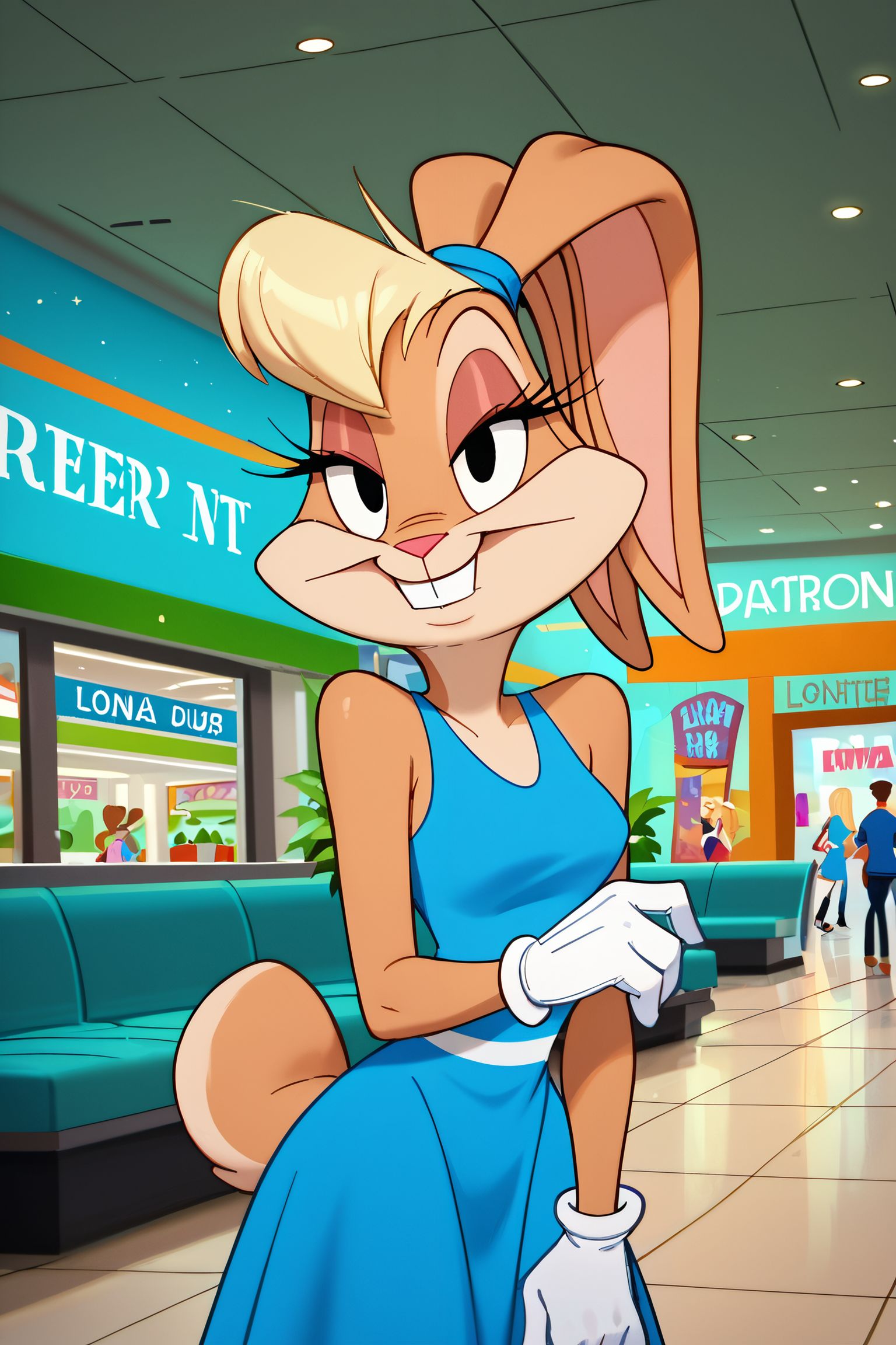 zPDXL3,  <lora:Lola_Bunny_2011:.8>,
Lola, woman, rabbit ears, furry, blonde hair, black eyes, blue dress, white gloves, looking at viewer, smiling, standing, inside mall,