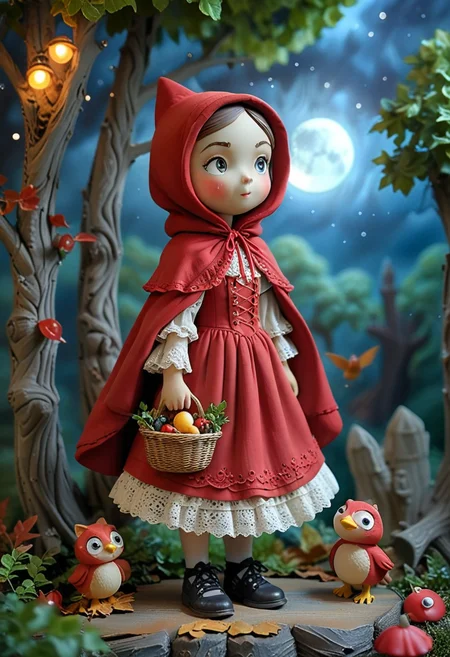 masterpiece, best quality, (curious red riding hood) young character, wearing a dark red hooded cape, lace-up bodice, long skirt with lace trim, leather shoes , bonnet, set in a serene woods, with rustling leaves, dappled sunlight, a gentle breeze, birds singing, and a sense of peace, under the moonlight, at night, smiling