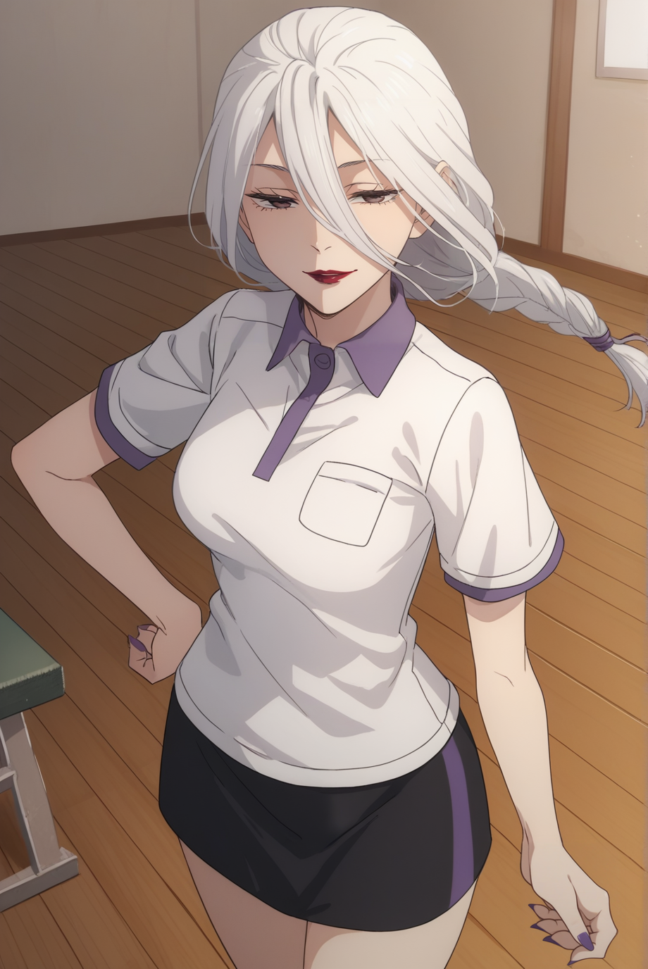 score_9, score_8_up, score_7_up, score_6_up, score_5_up, score_4_up, BREAK source_anime, 1girl, solo,
<lora:MeimeiXL-v1-06:0.8>, ChopioMeiMei, white hair, looking at viewer,
medium breasts, purple nails,
long hair, braided ponytail, long bangs, hair tie, hair between eyes, red lipstick, half-closed eyes,
outfit_3, white shirt, polo shirt, short sleeves, black skirt,
indoors, gym, wooden floor, seductive smile, parted lips, thighs, standing, open collar,