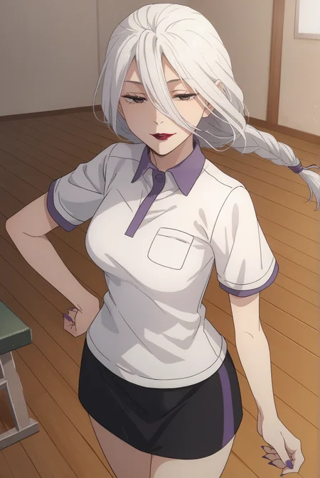 score_9, score_8_up, score_7_up, score_6_up, score_5_up, score_4_up, BREAK source_anime, 1girl, solo,
<lora:MeimeiXL-v1-06:0.8>, ChopioMeiMei, white hair, looking at viewer,
medium breasts, purple nails,
long hair, braided ponytail, long bangs, hair tie, hair between eyes, red lipstick, half-closed eyes,
outfit_3, white shirt, polo shirt, short sleeves, black skirt,
indoors, gym, wooden floor, seductive smile, parted lips, thighs, standing, open collar,