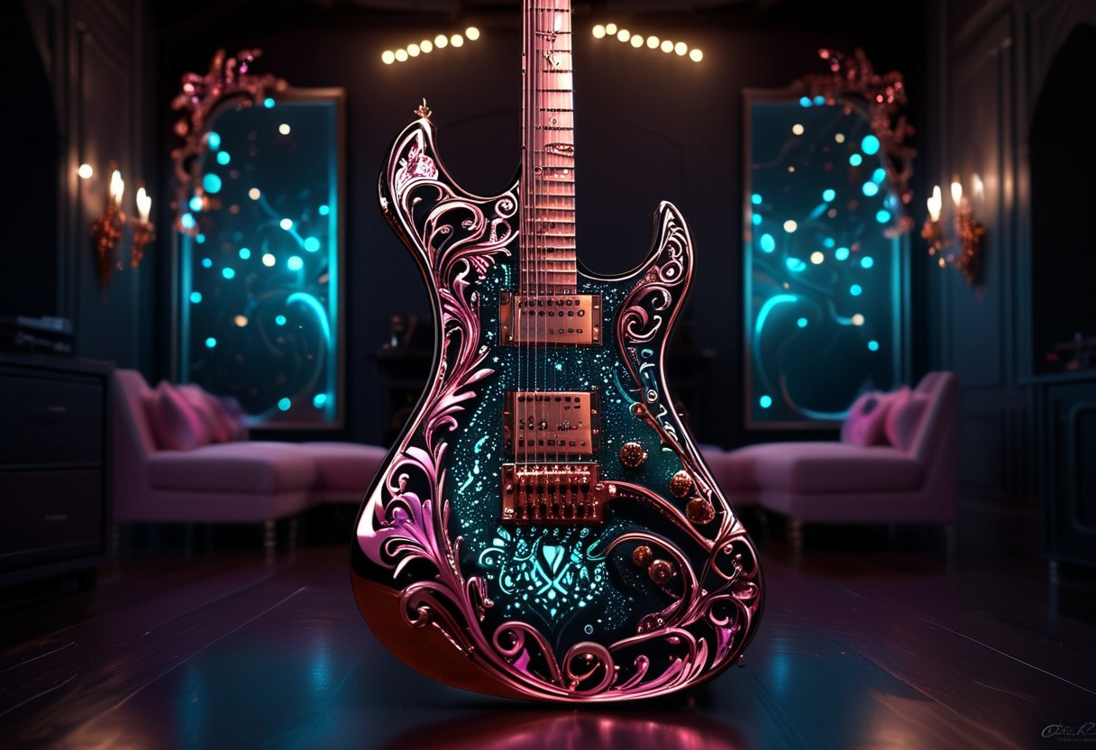 RAW photo of a very detailed reflective guitar with whimsical elements, completely dark studio, magical glowing guitar,  the room is dark, only light of source is coming from the guitar, cyan and pink neon, strong highlights, complimentary colors, reflective enviroment, spot lights, fantasy style, 90% black and 10% gold colors, big white diamonds on the guitar, strong depth of field, darkness, dramatic light, dusty black theme, intricate details, ultra sharp, exquisite detail, flawless composition, vivid colors, masterpiece, exciting background,  timeless elegant and Exquisite Copper Ornaments