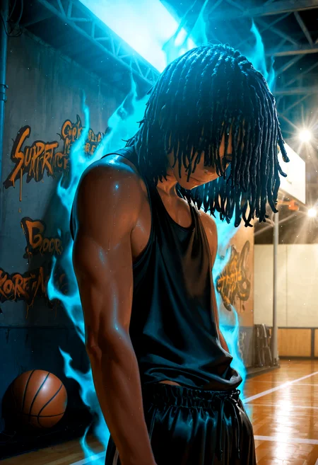 HDR, 8K, high contrast, masterpiece, best quality, amazing quality, very aesthetic, superabsurd res, high resolution, ultra-detailed, absurdres, newest, scenery, (horikoshi kouhei:0.3), (quasarcake:0.3), (wlop:0.3), light rays, chiaroscuro, dynamic angle, from side, close up, fisheye lens, male focus, 1boy, solo, dark skin, dreadlocks, medium hair, black hair, kms_hangtime, dreads over eyes, dreads covering eyes, closed mouth, black expression, tank top, baggy shorts, head tilted down, looking down, evil aura,  glowing, evil, corrupted powerful aura, street, basketball court, graffiti, melancholy, dramatic, moody, dark, night, fog, bokeh, Intricately designed, Mysterious Shadows, BREAK, photorealistic, detailed skin, detailed hair, volumetric lighting, dappled light, light particles, dramatic shadows, cinematic lighting, photo background, depth of field, <lora:ponyxl\cfg_scale_boost:0.8> <lora:IL\KMS_Hangtime_IL-000005:1>