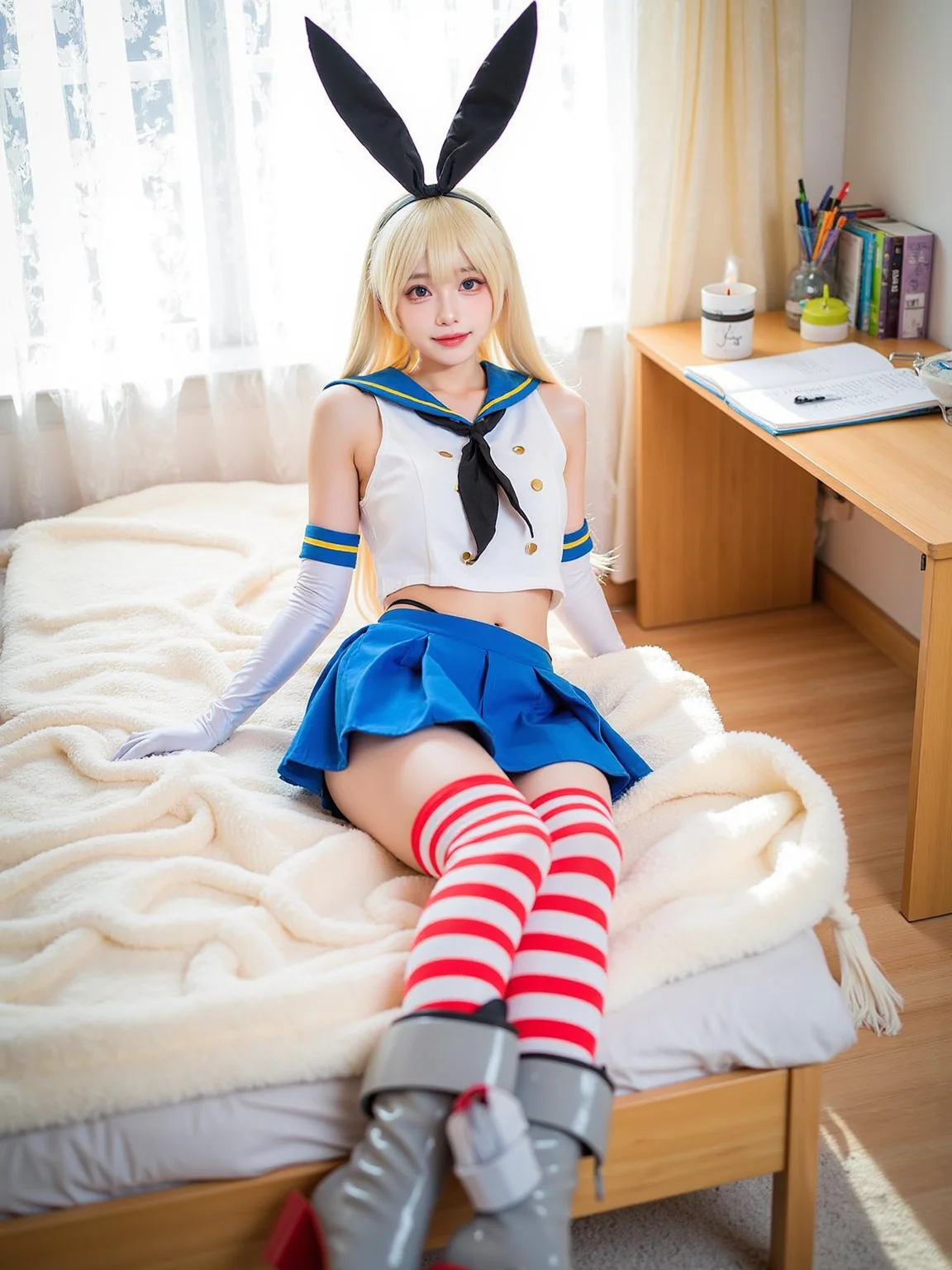 A realistic photo of a beautiful woman in cyb-shimakaze cosplay costume, include blue skirt and white shirt with blue collar and black neckrief. She is also wearing elbow gloves and white and red striped thighhighs and grey and red high heeled boots. She has long blonde hair with rabbit ears hairband. The background is a vivid description of a warm, cozy afternoon in a girl's room. The sunlight streams through the lace curtains, casting soft, dappled patterns on the floor. The room is filled with the gentle scent of lavender from a small, flickering candle. A plush, cream-colored throw blanket is draped over the edge of the bed, inviting relaxation. The desk is cluttered with colorful stationery, a half-finished sketchbook, and a steaming cup of tea. Soft, melodic music plays in the background, adding to the serene atmosphere. she is wariza on the bed. The photo is a full body shot with her entire body visible and with detail background.