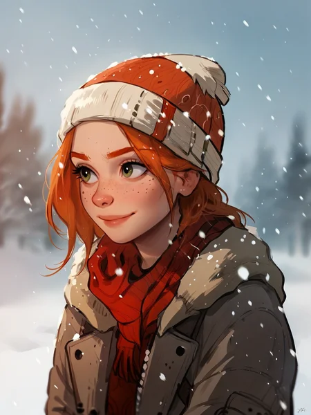 score_9, score_8_up, score_7_up, score_6_up, score_5_up, <lora:snowXLP:1> snow, outdoors, winter, 1girl, solo, upper body, snowing, freckles, ginger, hat, beanie,